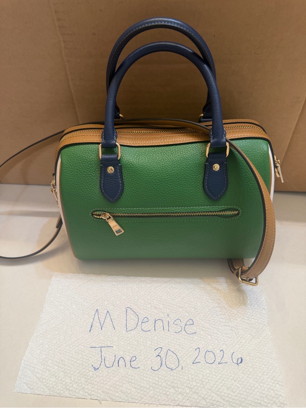 Coach Green Leather Rowan with Navy Handles and Tan Strap - Picture 3 of 5